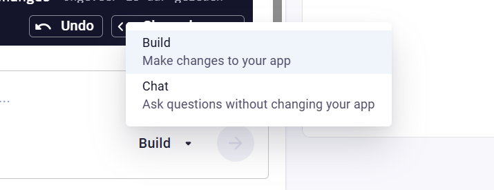 The mode selector in the prompt input, with the options "Build" and "Chat"