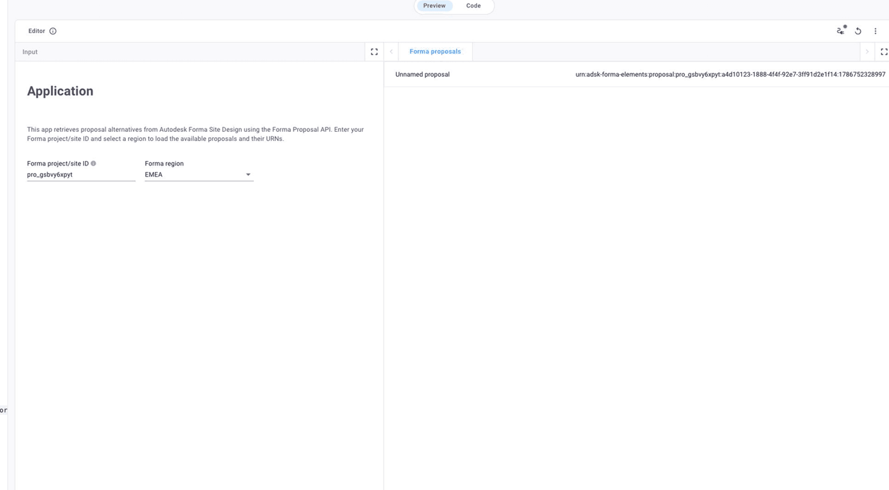 App Builder result for an Autodesk Forma proposal lookup app