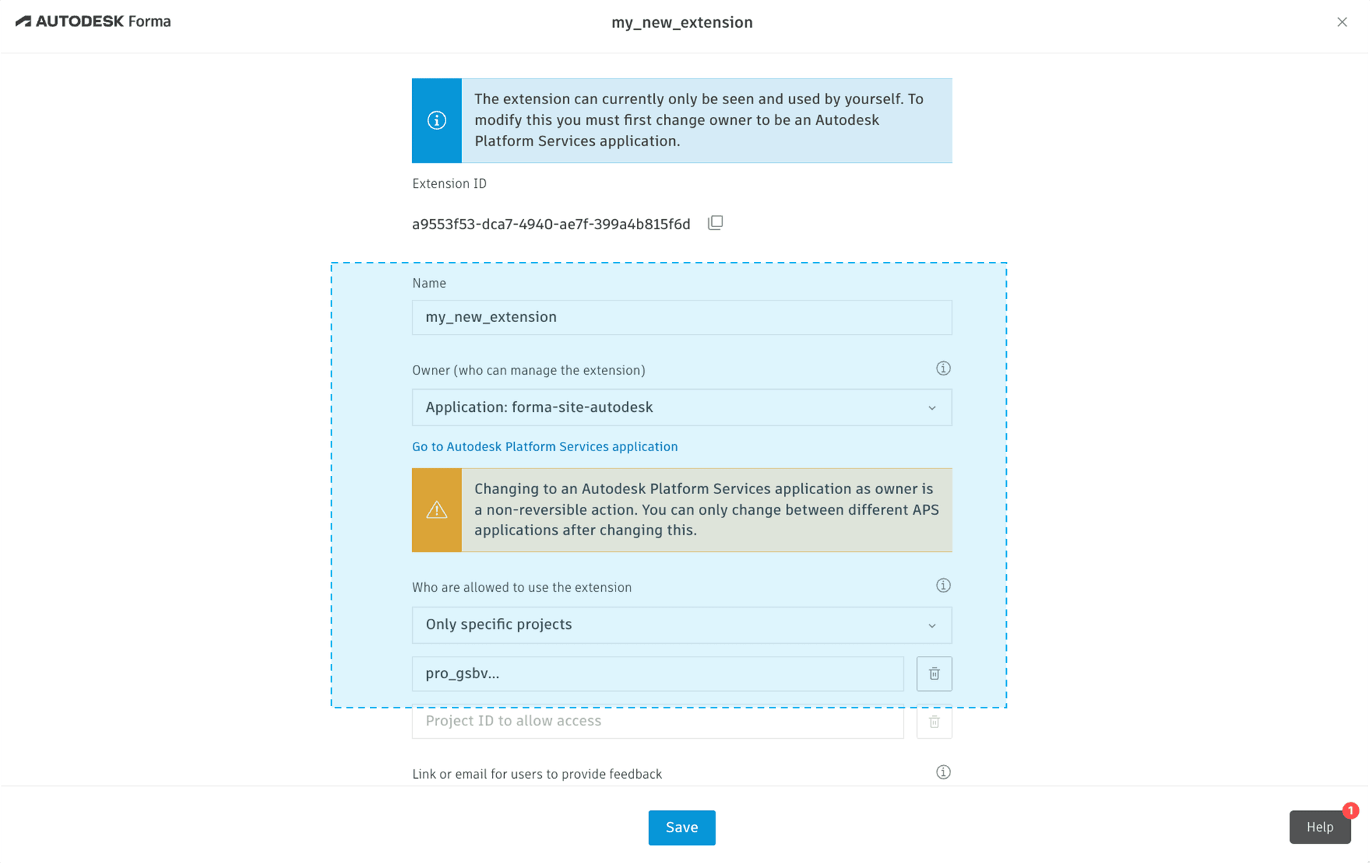 Configure the Forma extension owner and project access