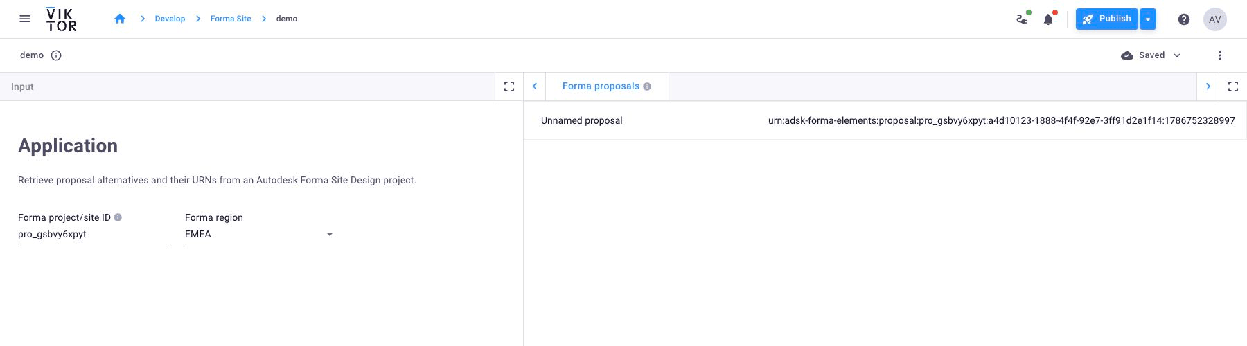 A VIKTOR DataView listing Autodesk Forma proposal URNs