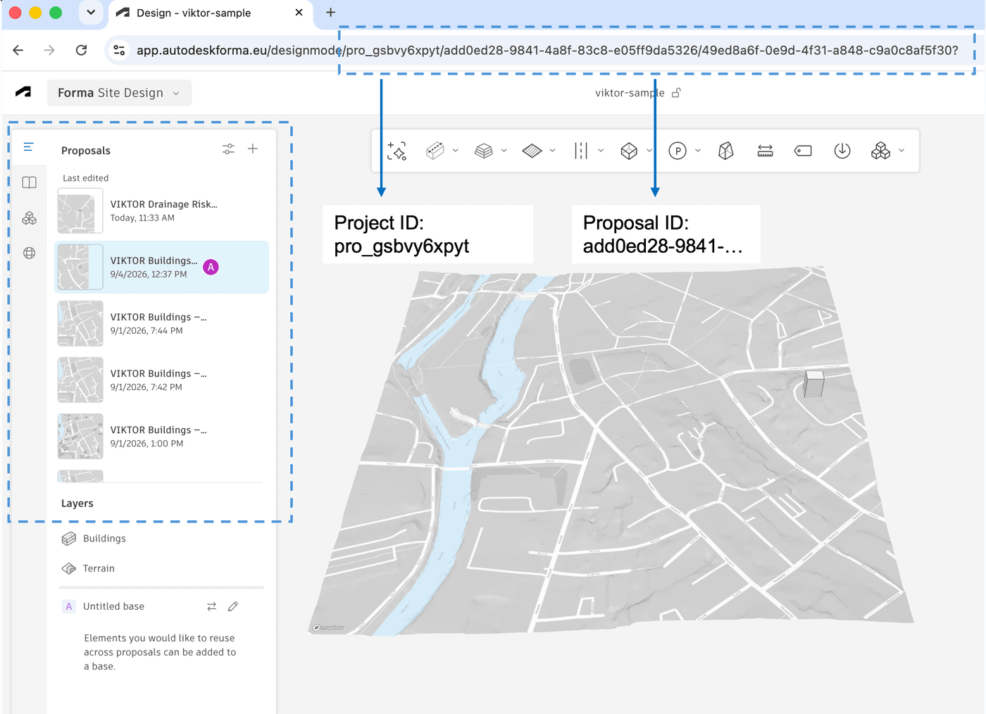 Autodesk Forma Site Design URL showing the project ID and proposal ID