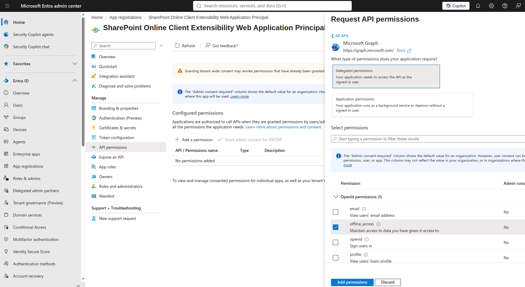Microsoft Graph delegated permissions