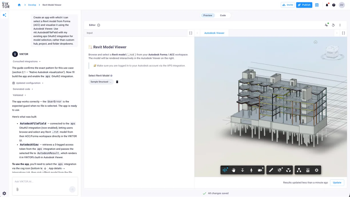 Generated VIKTOR app displaying a selected Revit model in the Autodesk Viewer