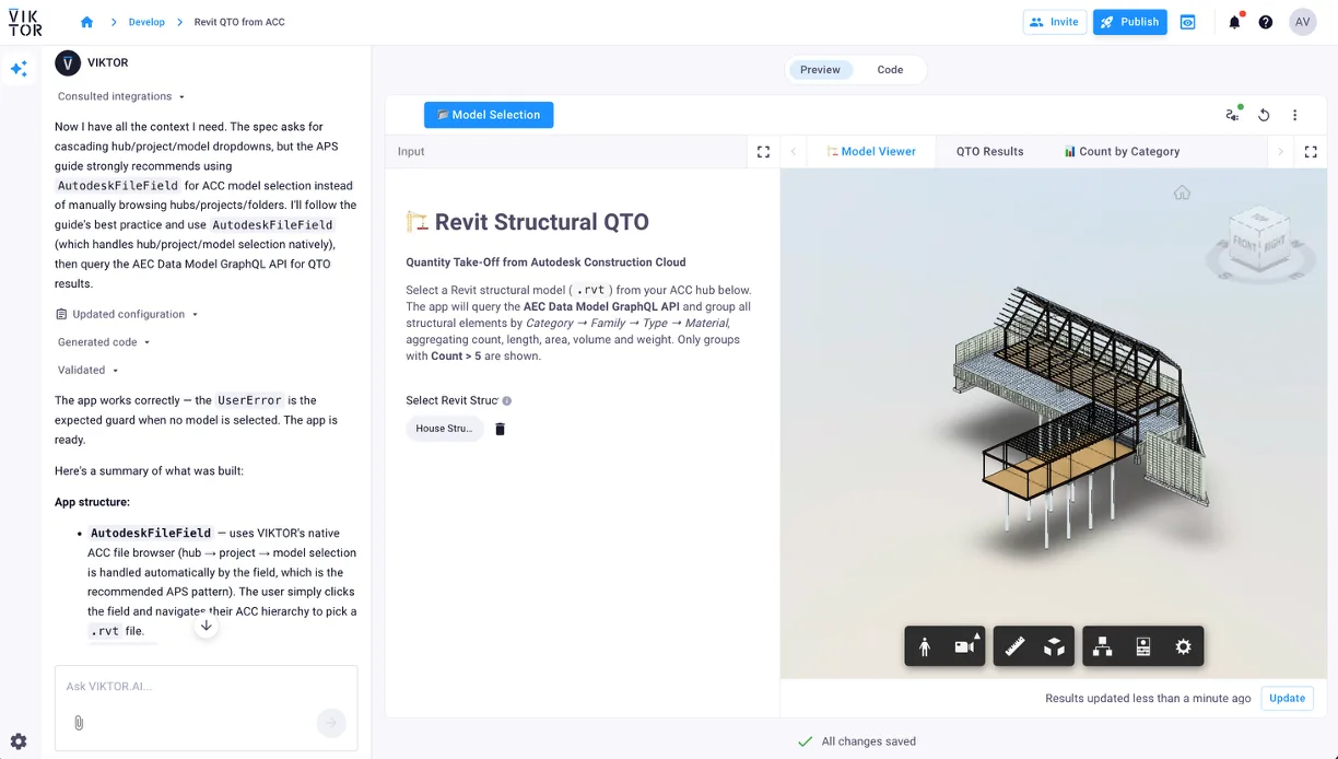 Generated VIKTOR quantity takeoff app displaying the selected Revit structural model