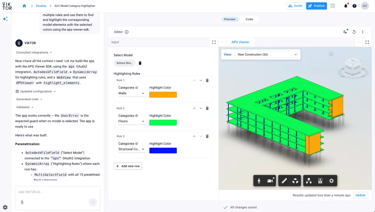 Generated VIKTOR app applying different colors to Revit categories in the Autodesk Viewer