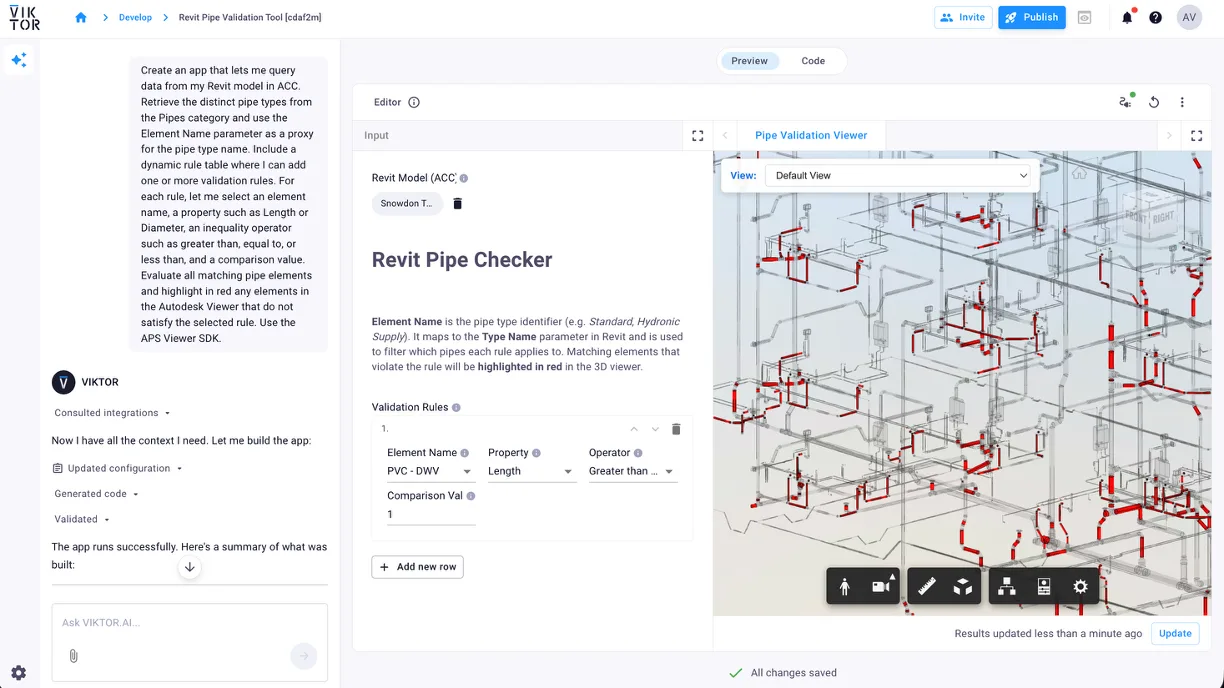 Generated VIKTOR app highlighting Revit pipe elements that fail a validation rule