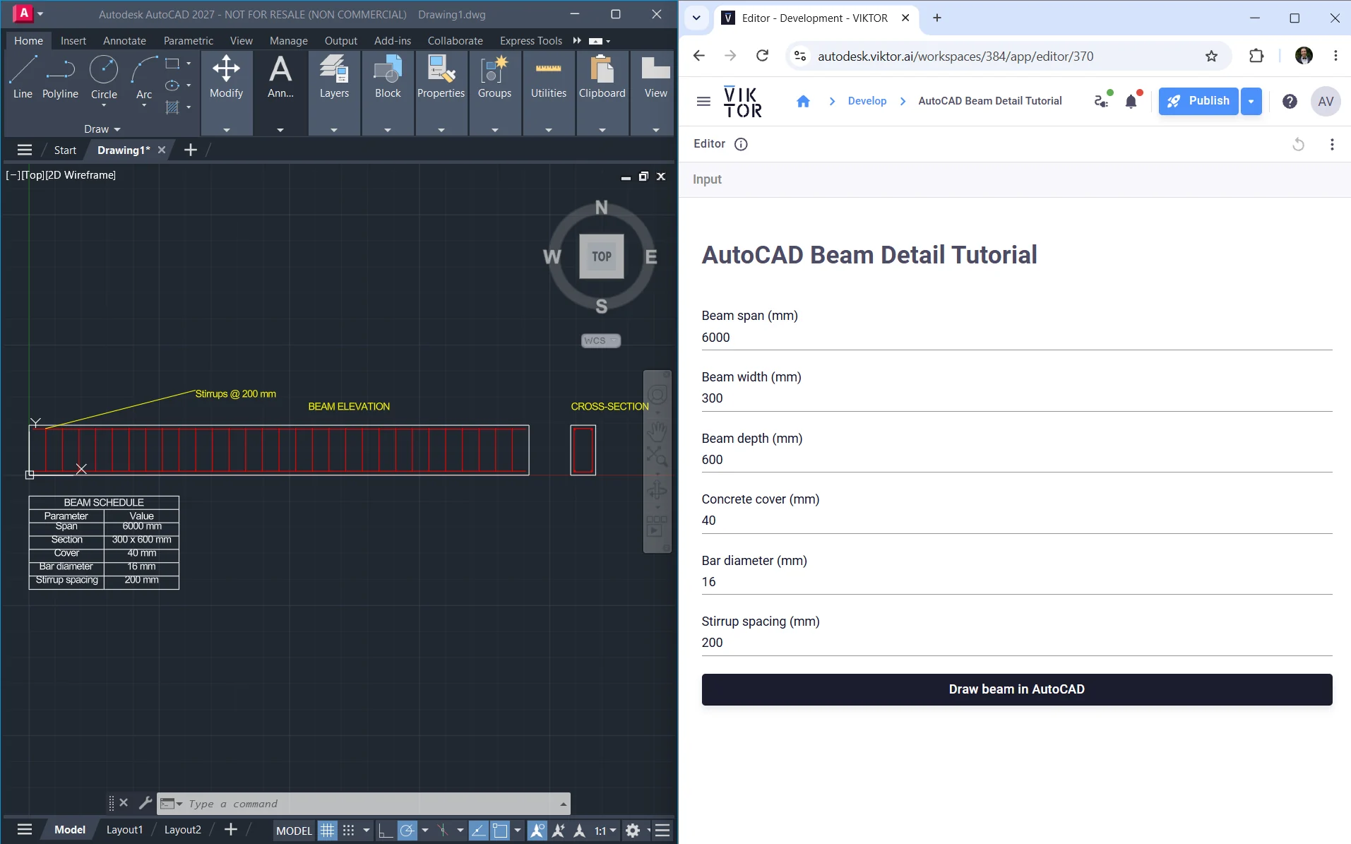 Local VIKTOR beam-detail app beside its drawing and beam schedule in AutoCAD