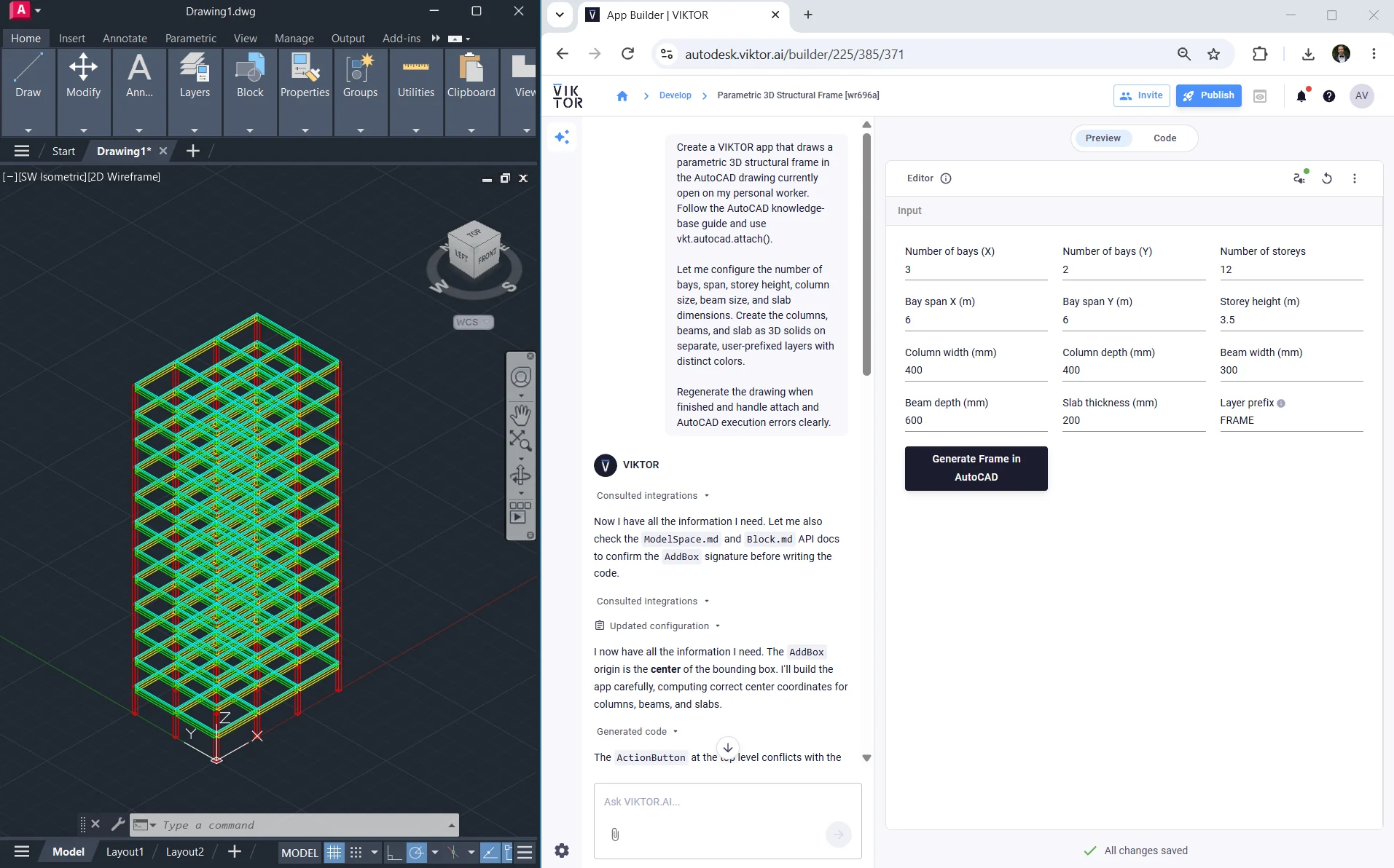 Parametric structural frame in AutoCAD beside the generated VIKTOR app
