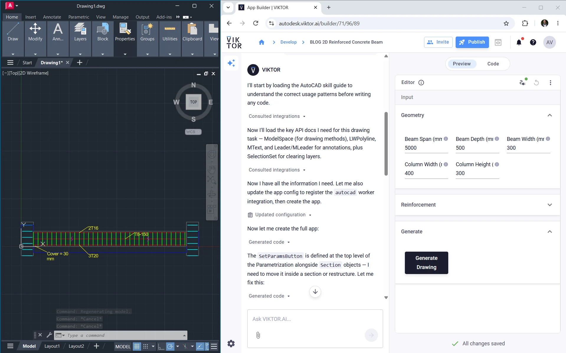 Reinforced-concrete beam detail in AutoCAD beside its VIKTOR App Builder preview