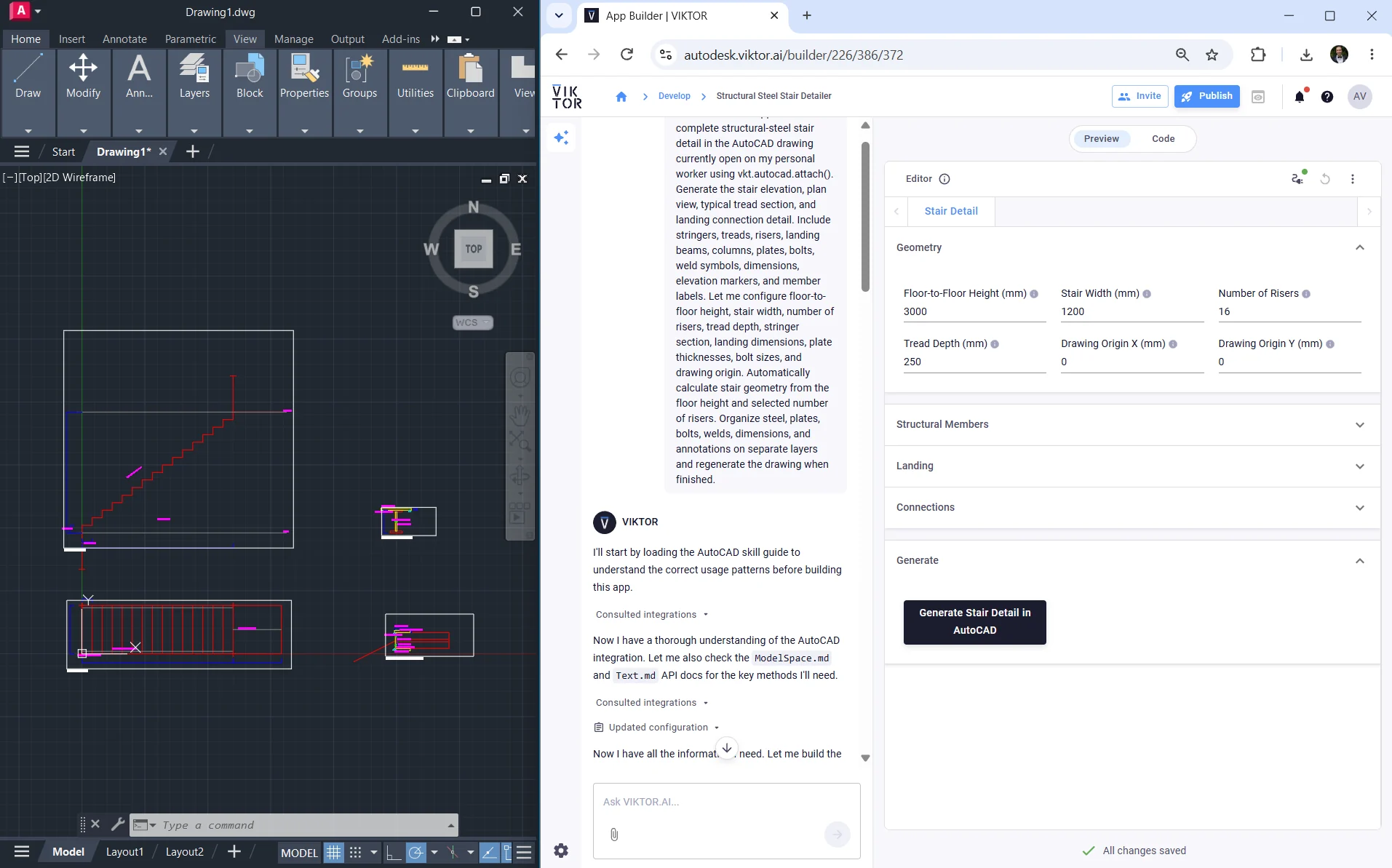 Structural-steel stair views in AutoCAD beside the generated VIKTOR app