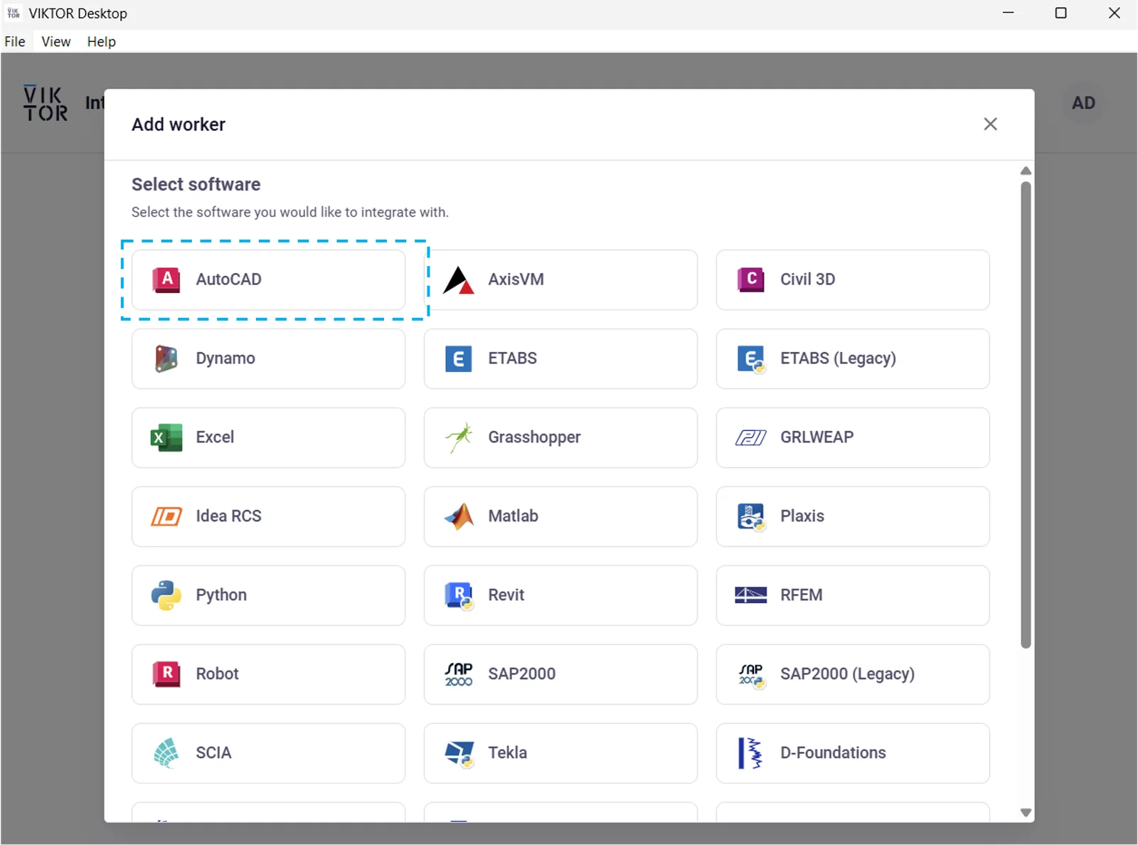 AutoCAD highlighted in the VIKTOR Desktop Add worker window