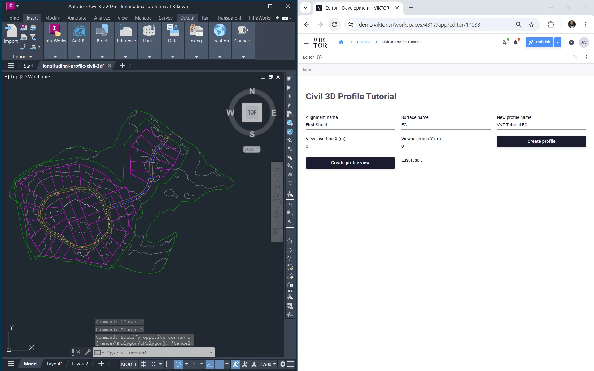 Civil 3D sample drawing beside the local-development app with alignment, surface, profile name, and insertion inputs
