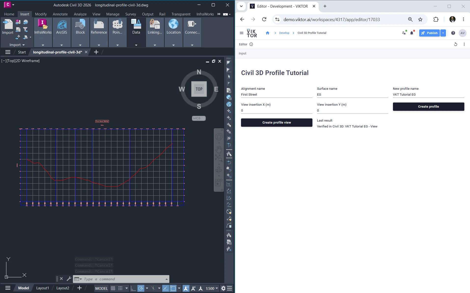 Existing-ground longitudinal profile in Civil 3D beside the tutorial app showing a verified profile-view result