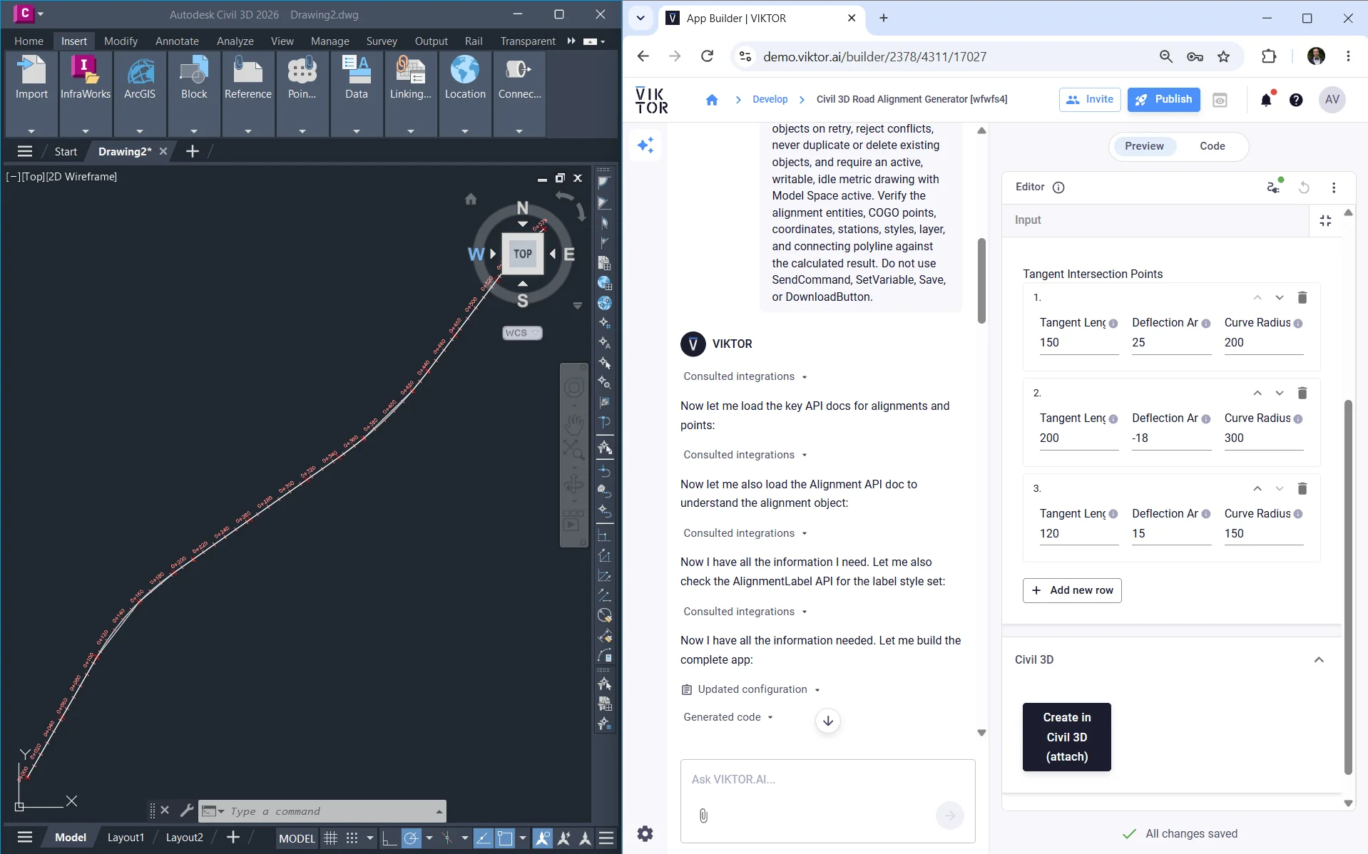 Native Civil 3D road alignment and set-out points beside the generated VIKTOR app