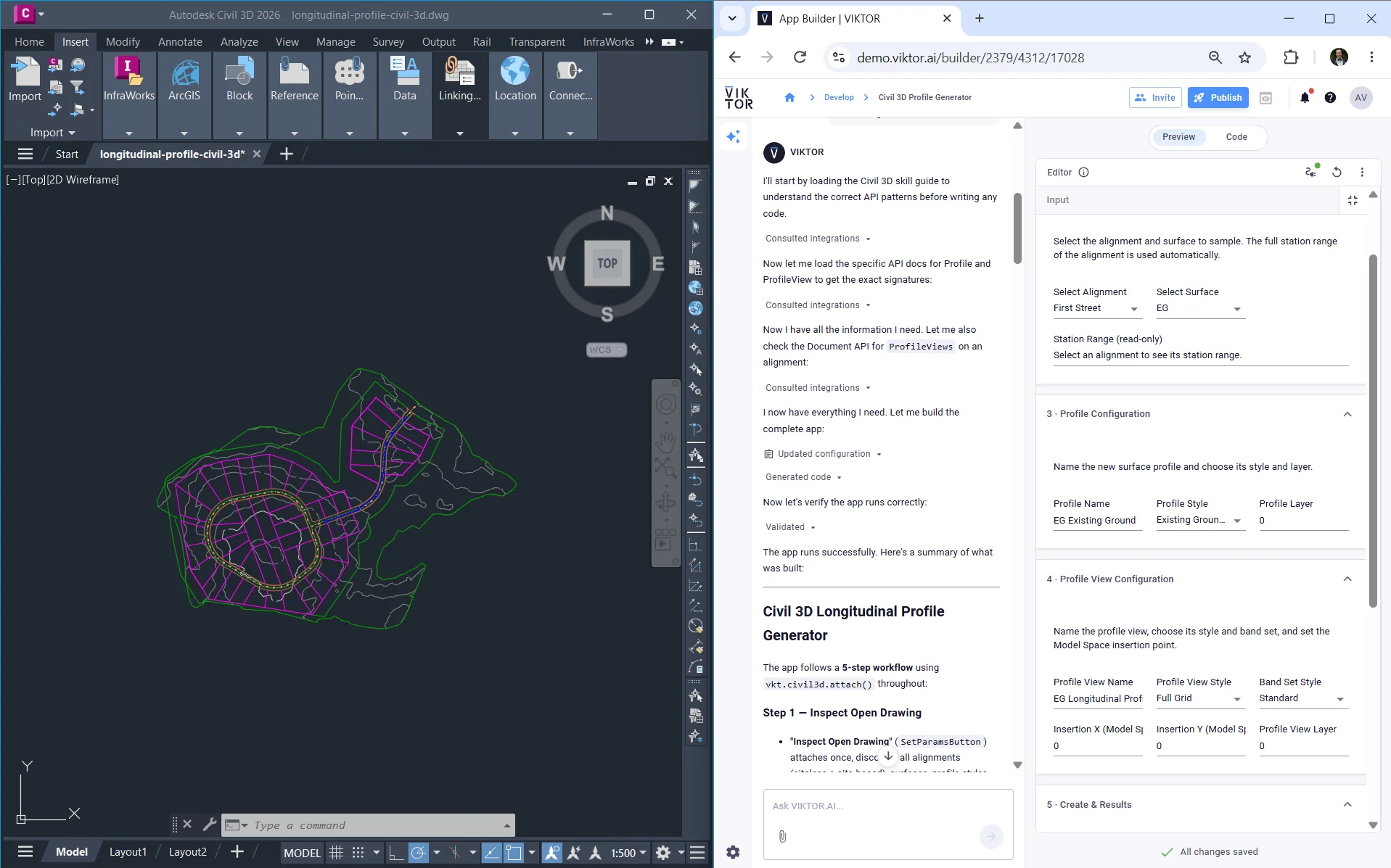 Civil 3D longitudinal-profile app with alignment, surface, and style selections