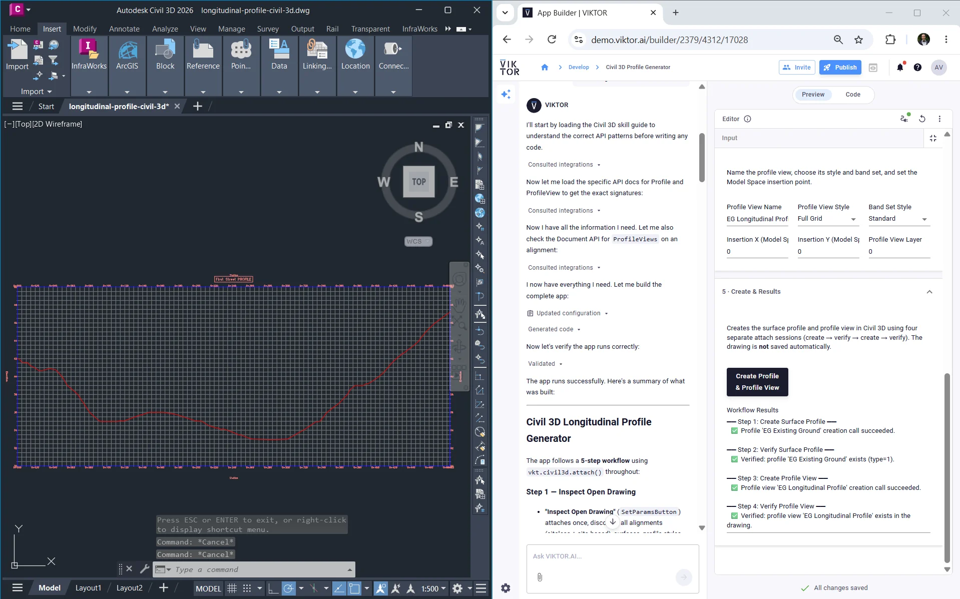 Native existing-ground profile view in Civil 3D and verification results in VIKTOR