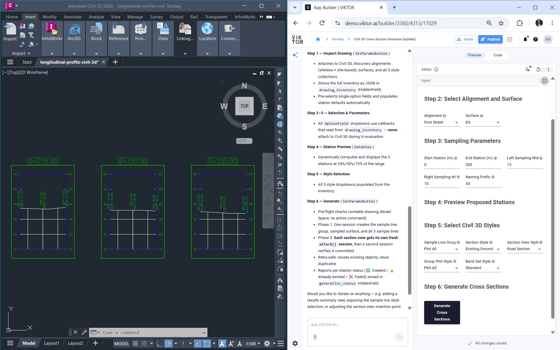 Three native Civil 3D cross-section views beside the generated VIKTOR app