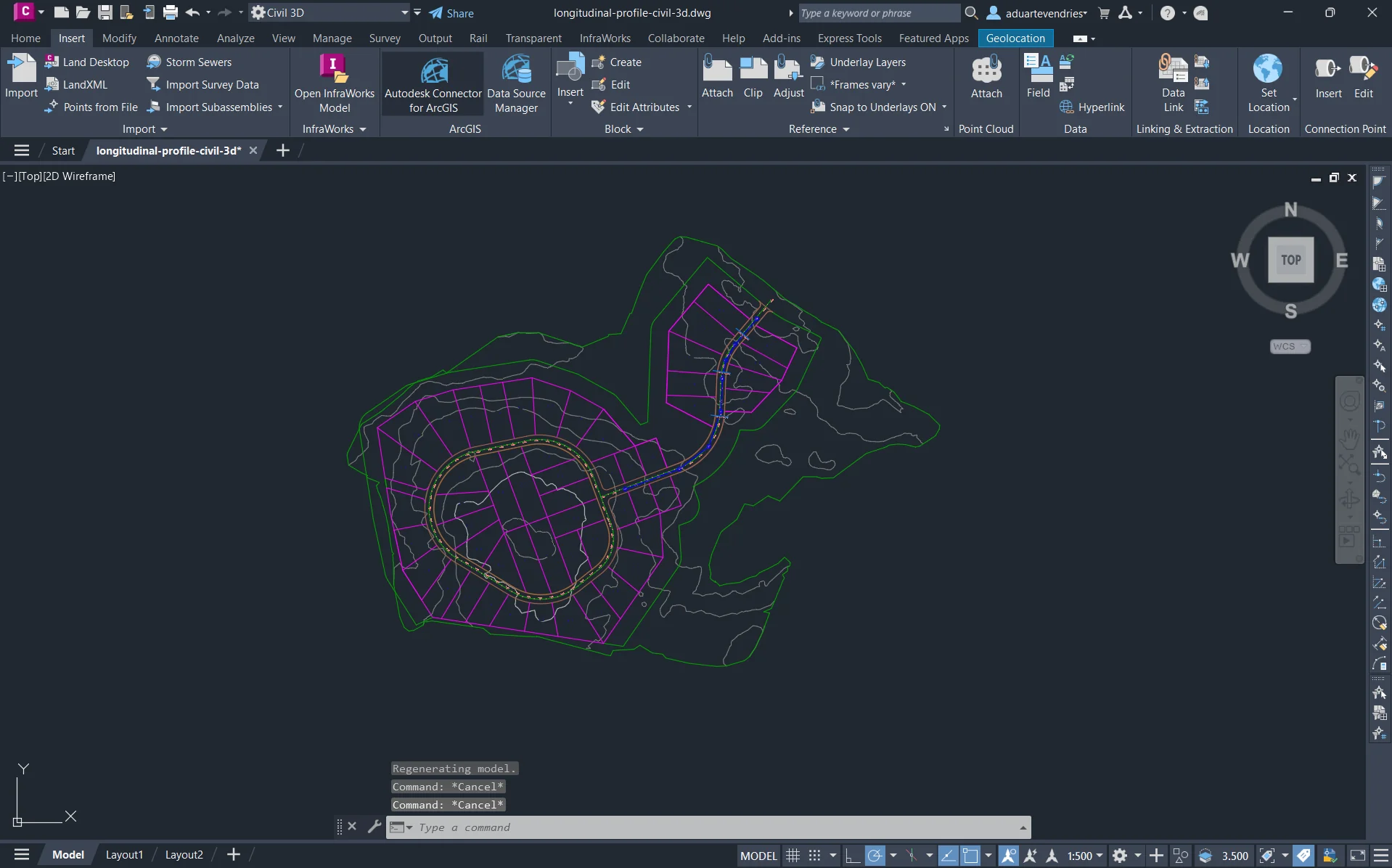 Sample Civil 3D drawing with road alignments and terrain contours