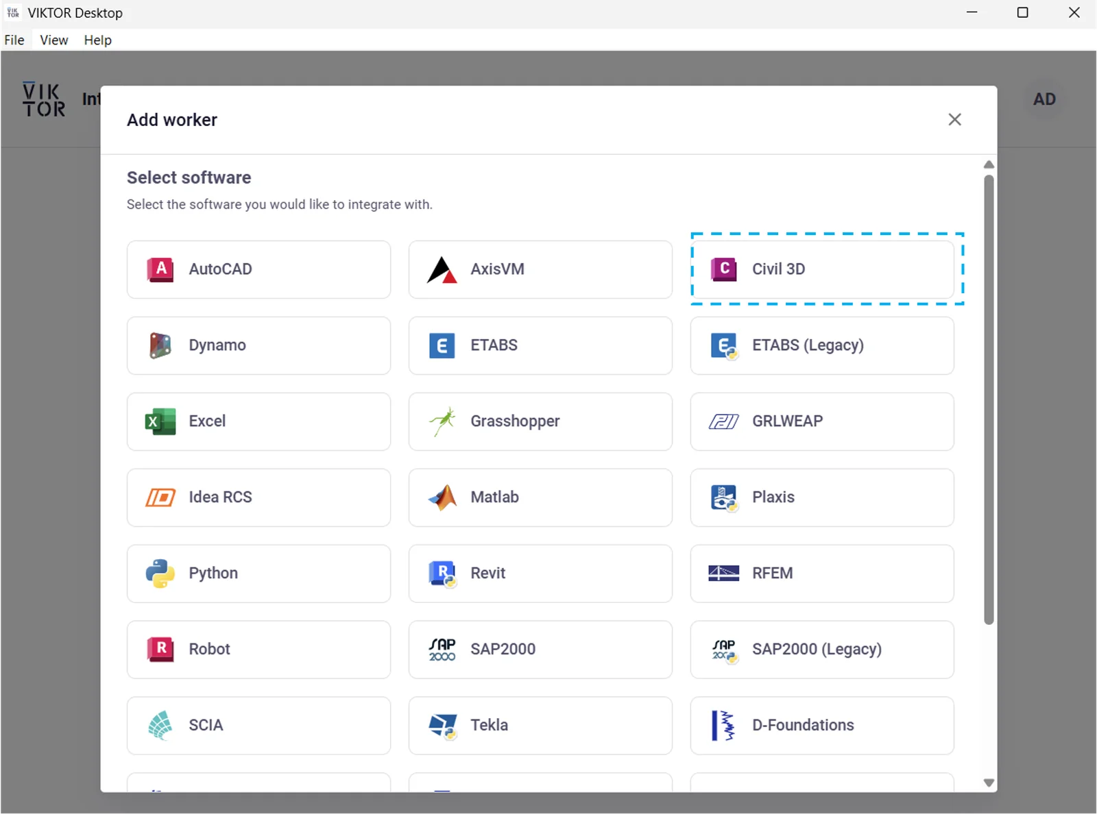 Civil 3D highlighted in the VIKTOR Desktop Add worker window