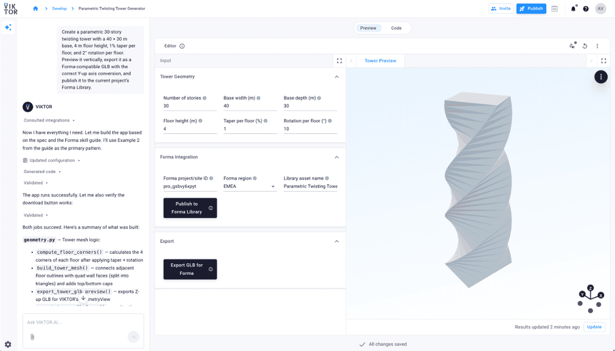 Generated VIKTOR app with project ID, tower parameters, preview, and Forma publishing controls
