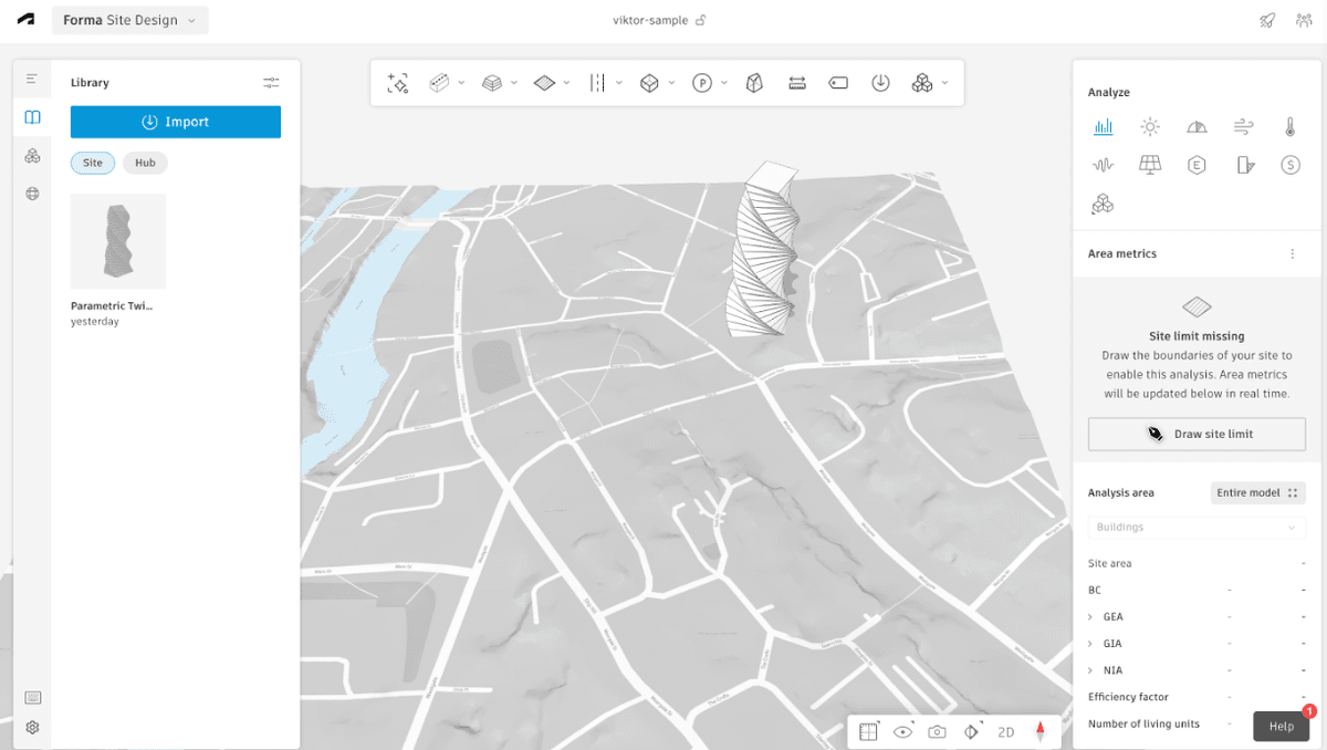 Autodesk Forma Site Design Library with the parametric twisting tower ready to place in a proposal