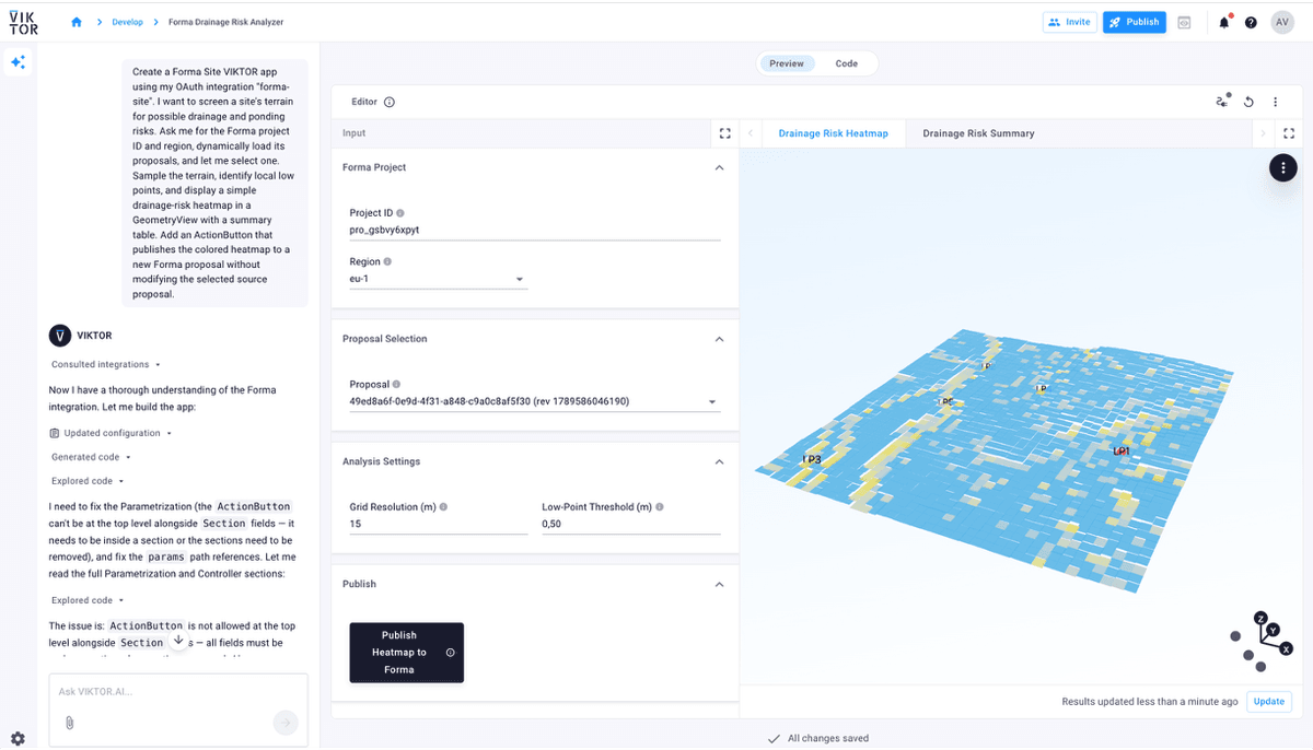 Generated VIKTOR drainage app with project ID, proposal selection, heatmap, and publish controls