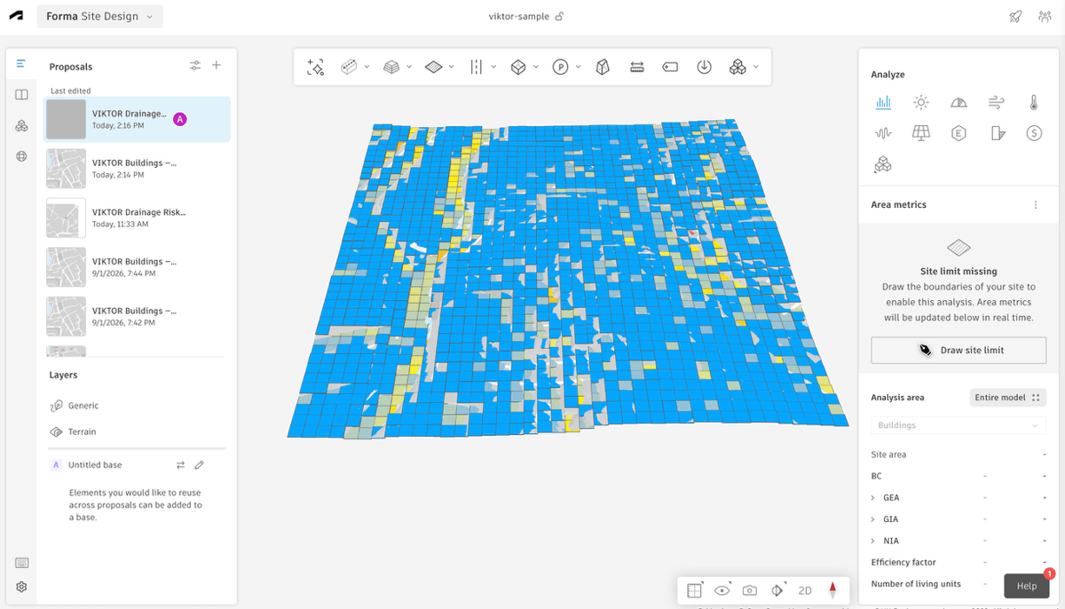 Refreshed Autodesk Forma Site Design proposal showing the published drainage-risk heatmap