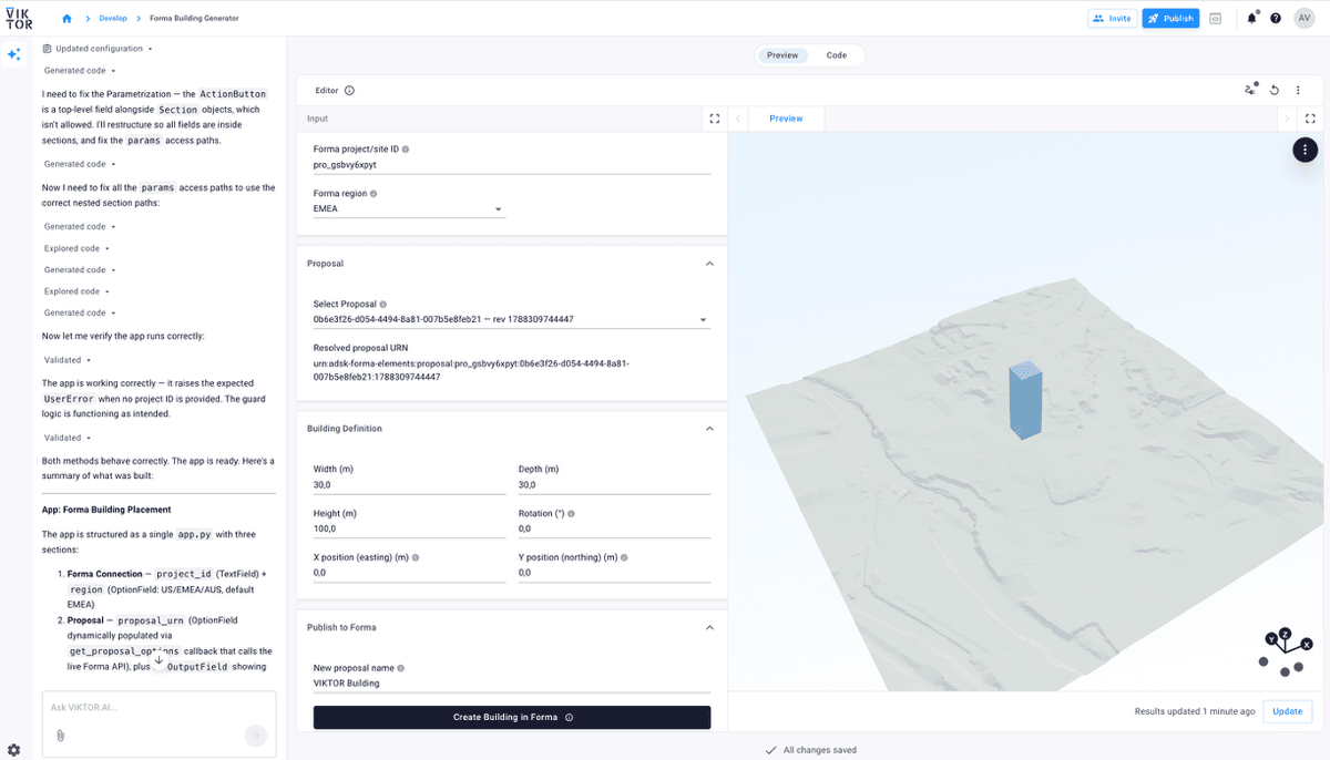 Generated VIKTOR building placement app with project, proposal, building, and publishing inputs