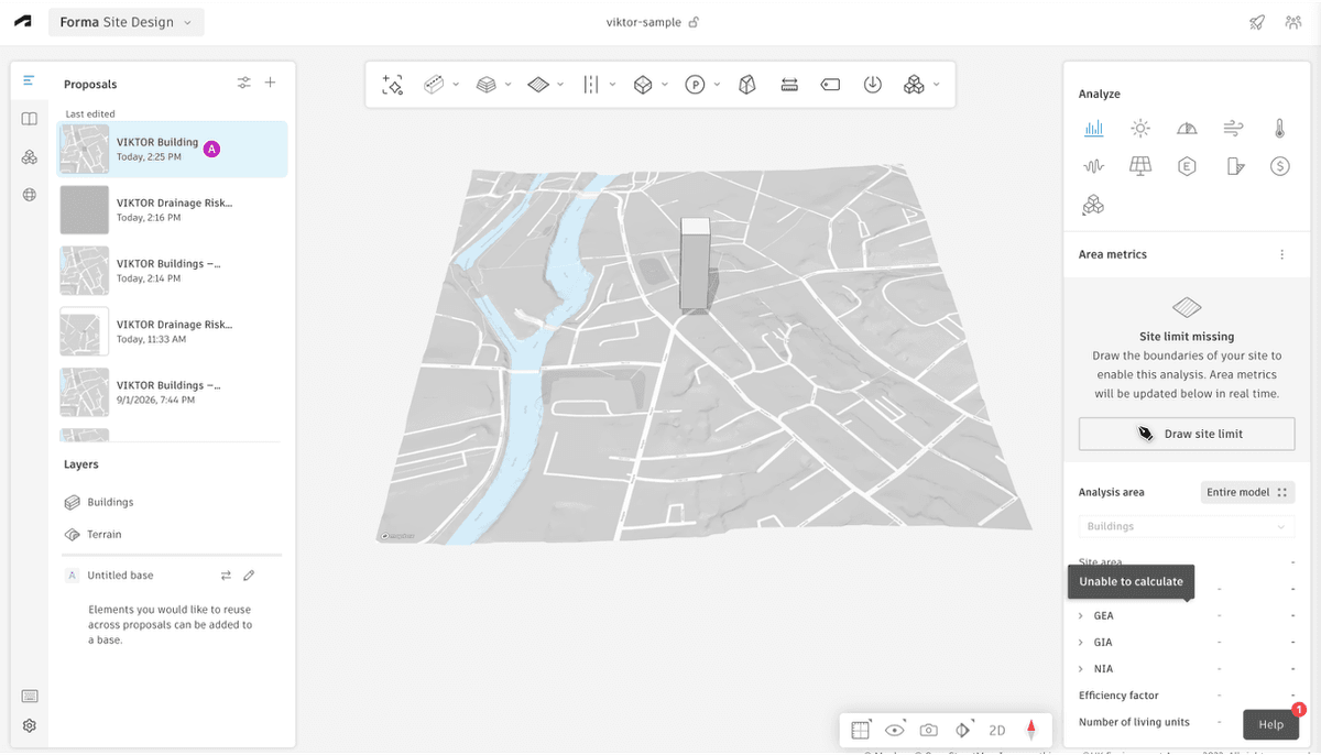 Autodesk Forma Site Design proposal showing the published building on the terrain